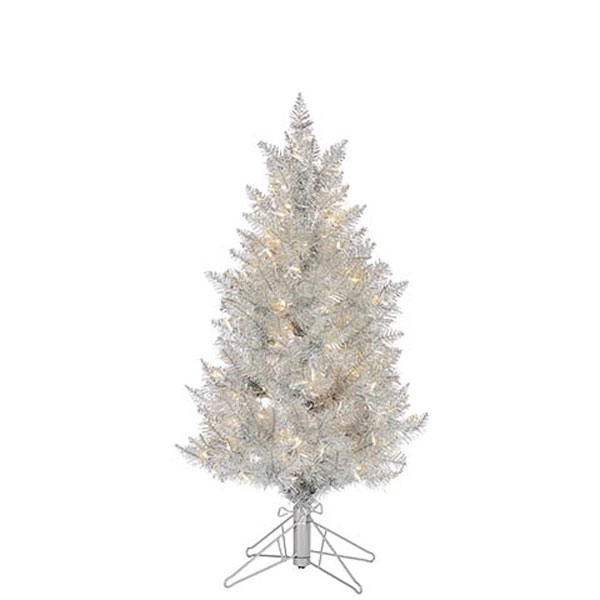 Pre-Lit Silver Tinsel Tree, 4ft