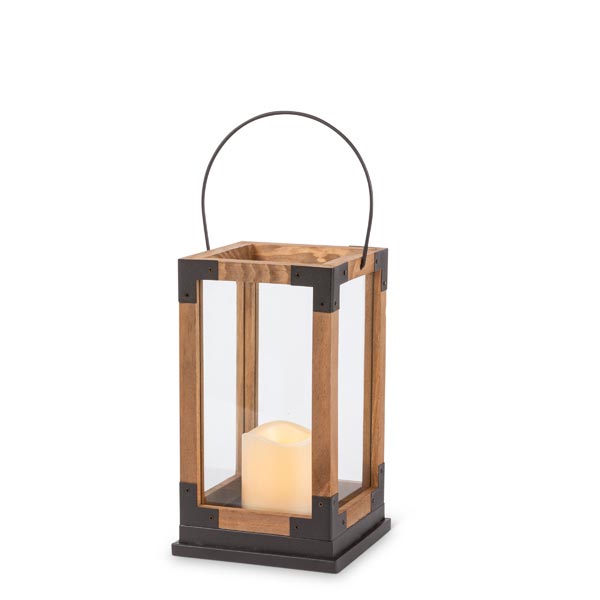 Iron and Wood Lantern + Candle, 10-Inch