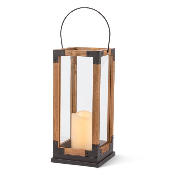 Iron and Wood Lantern + Candle, 16-Inch