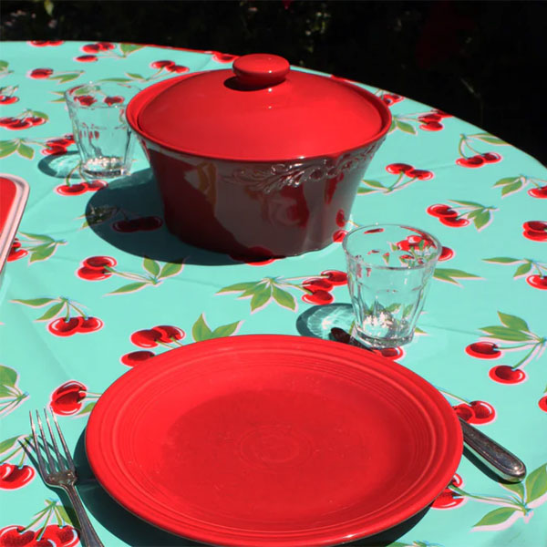 Round Oilcloth Tablecloth, Turquoise Cherry